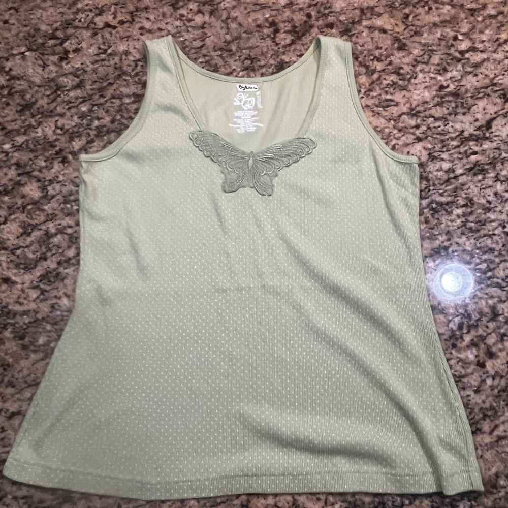 Byer California Vintage‎ Sage Green Polka Dot Butterfly Ribbed Tank Top L Y2K